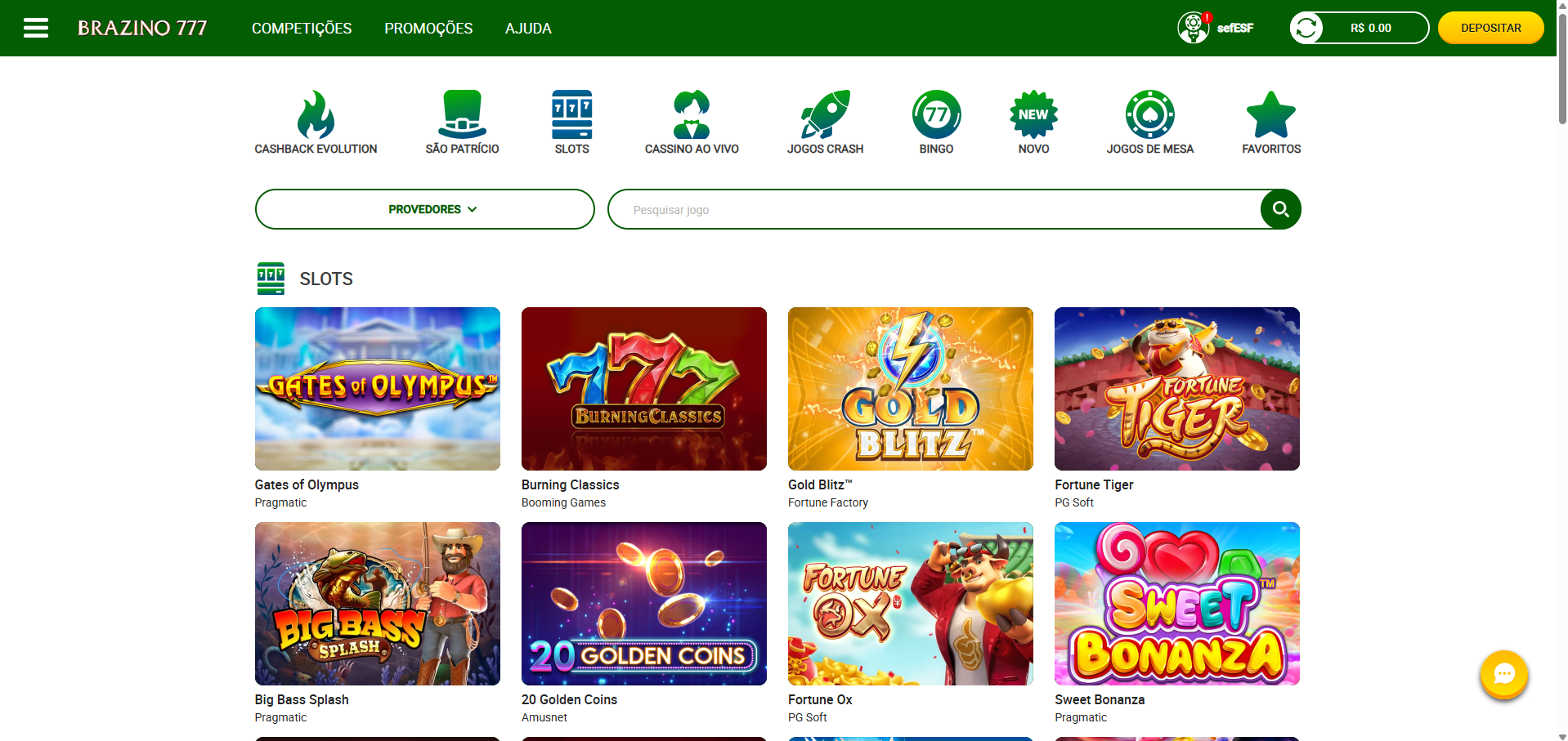 Brazino777 Casino interface showing game selection including Fortune Tiger